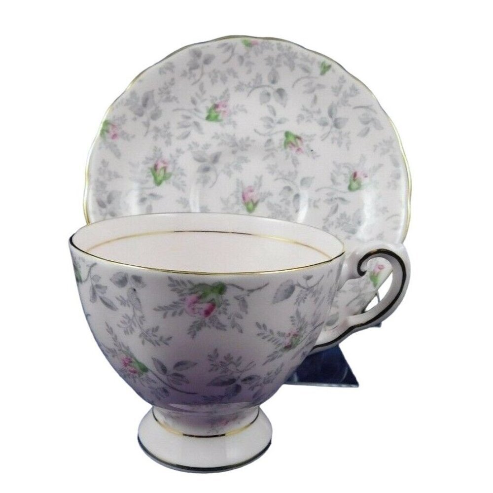 Royal Tuscan Pink With Grey Leaves & Pink Roses England Teacup and Saucer